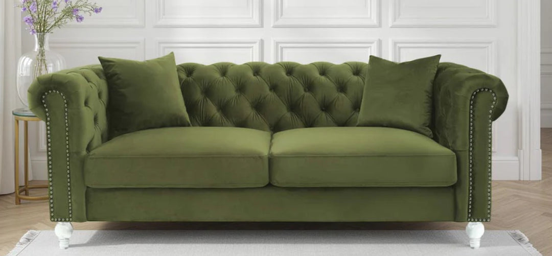 Velvet sage green 3 seater chesterfield sofa
