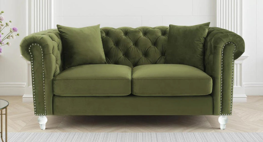Velvet sage green 2 seater chesterfield sofa