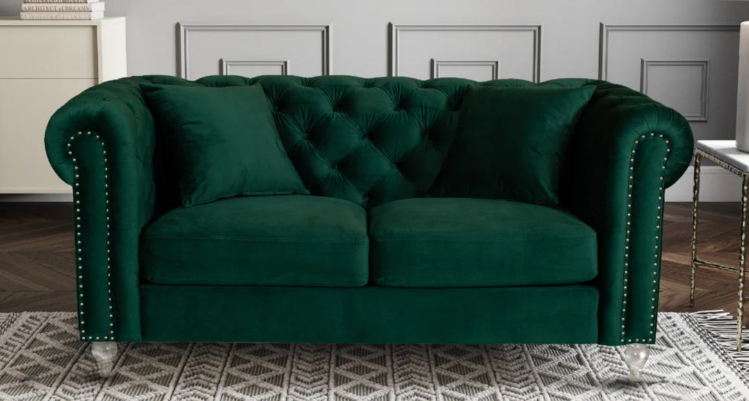Velvet sage green 2 seater chesterfield sofa