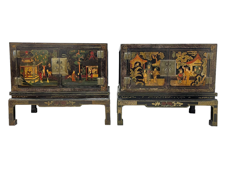 Chinese ebonised lacquered wood cabinets