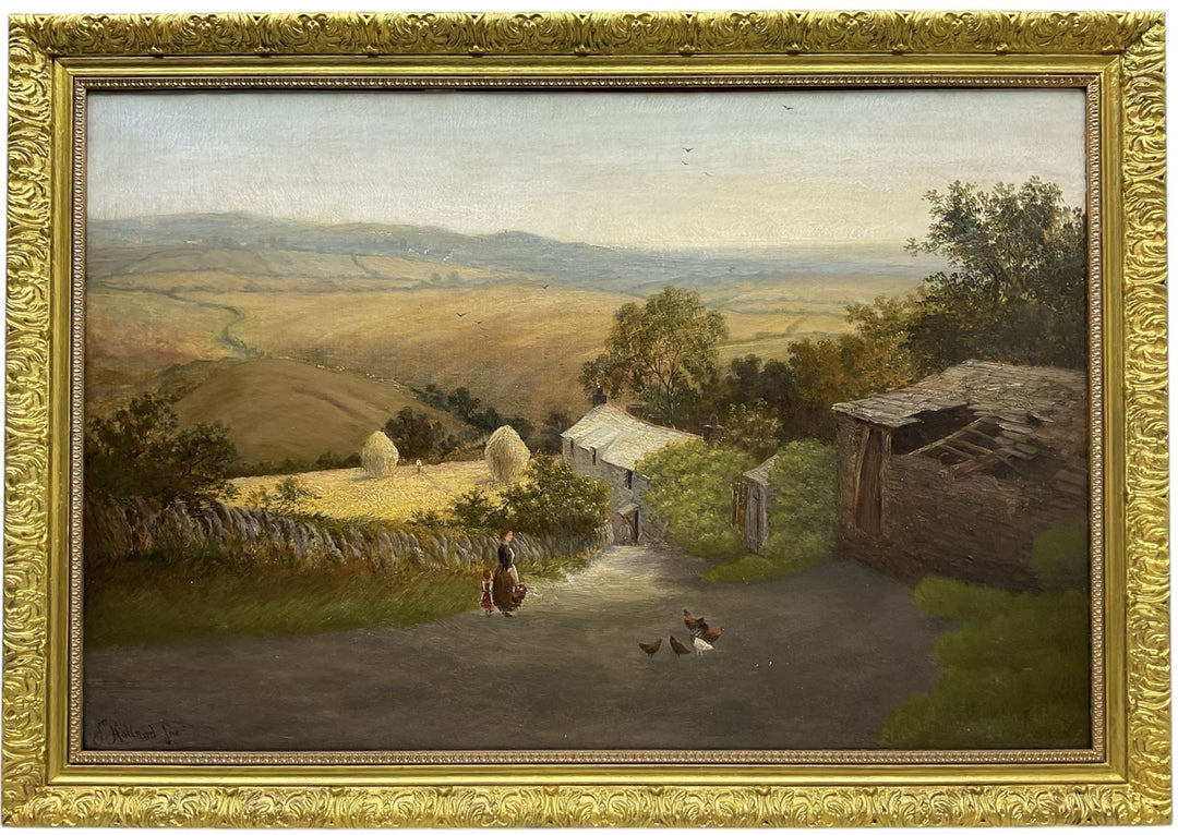 John Holland Jnr (British 1830-1886): Yorkshire Dale Farmstead with Haystacks and Chickens, oil on canvas signed