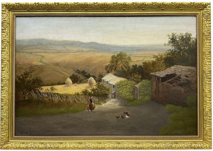 John Holland Jnr (British 1830-1886): Yorkshire Dale Farmstead with Haystacks and Chickens, oil on canvas signed