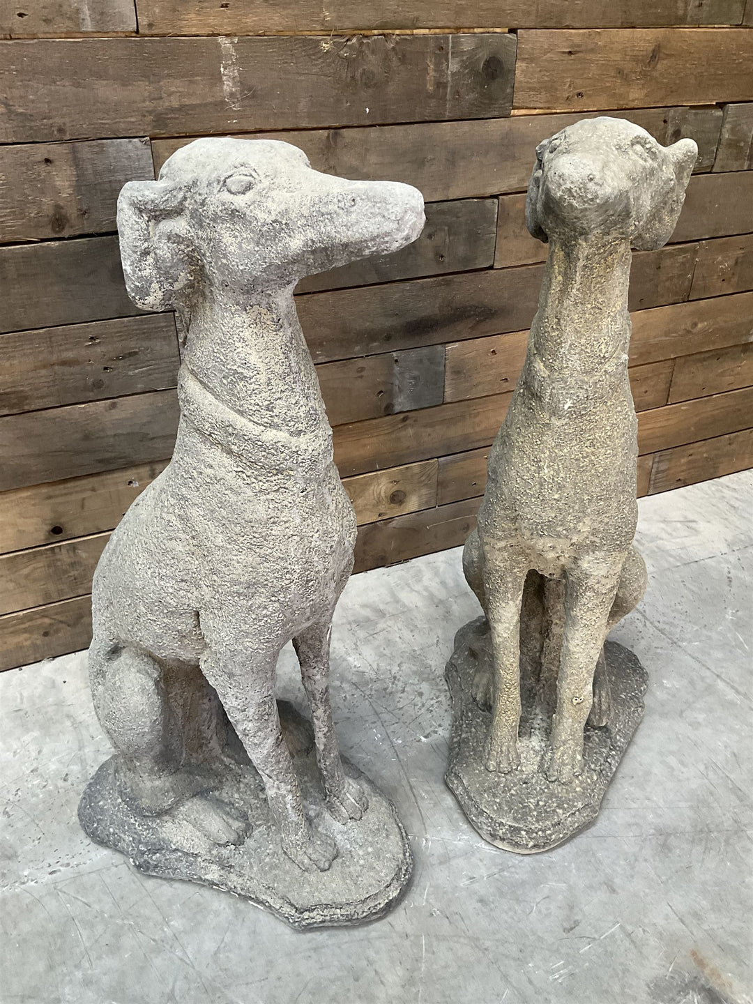 Pair of cast stone French lurchers, seated pose, on shaped plinth