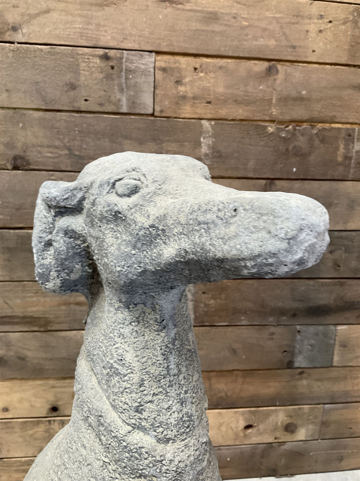 Pair of cast stone French lurchers, seated pose, on shaped plinth