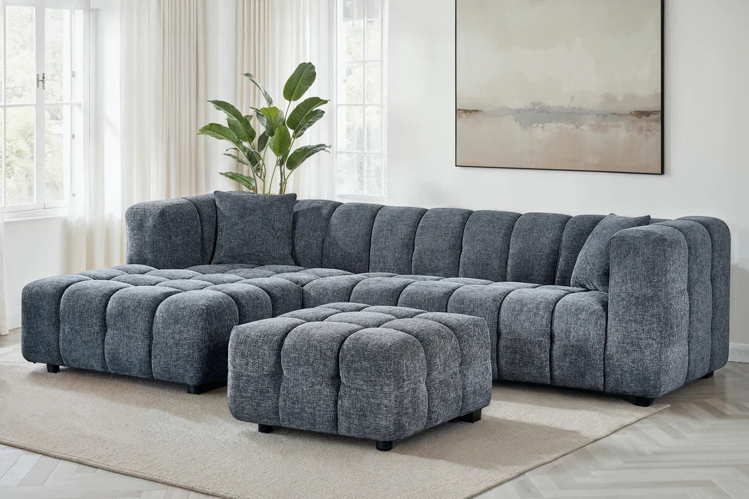 Chenille Fabric Corner Sofa with Ottoman