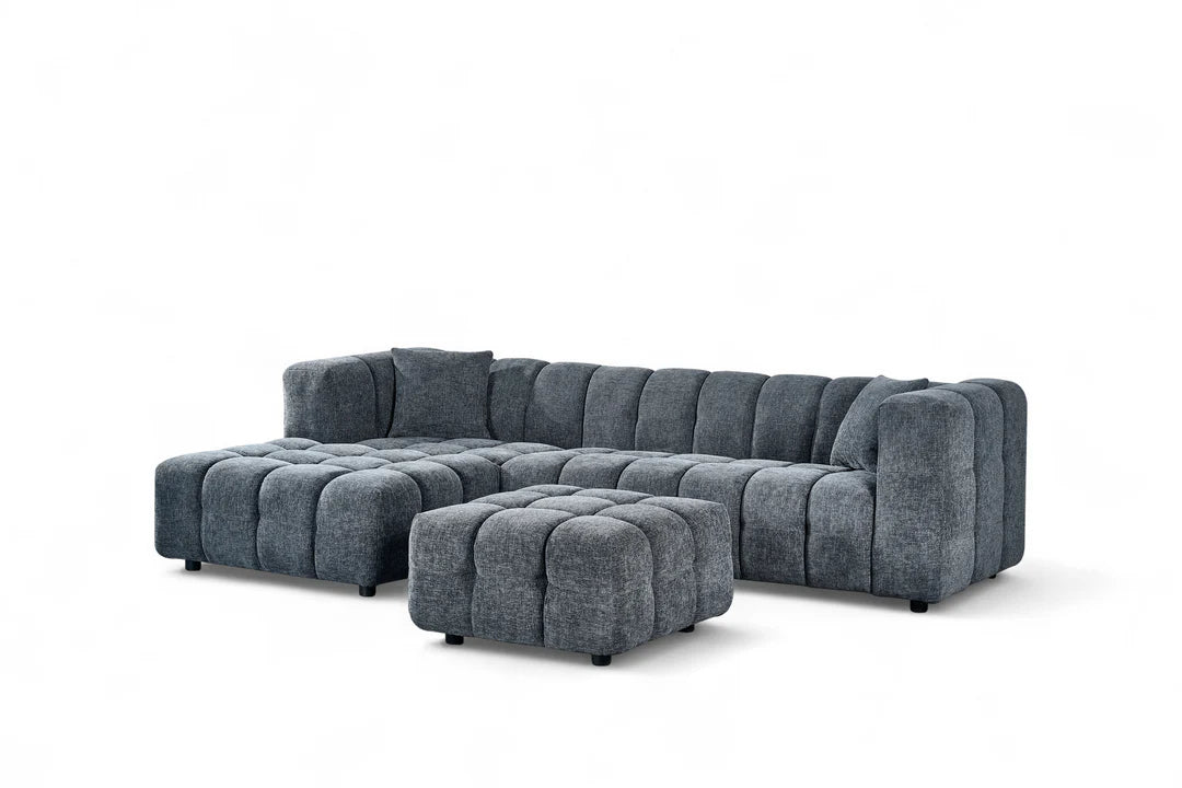 Chenille Fabric Corner Sofa with Ottoman