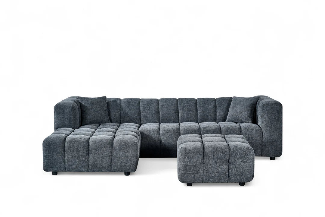 Chenille Fabric Corner Sofa with Ottoman