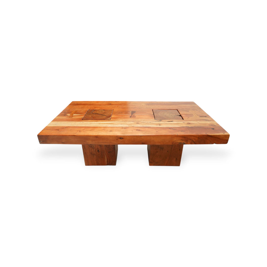 Hardwood coffee table, rectangular top on block supports