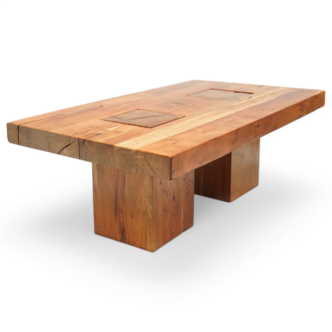 Hardwood coffee table, rectangular top on block supports