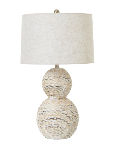 White wash wicker globe table lamp with linen shade