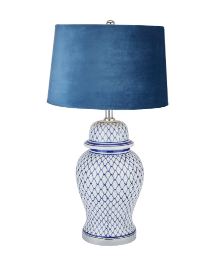 Malabar blue and white ceramic lamp with blue velvet shade