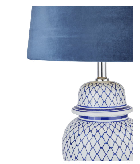 Malabar blue and white ceramic lamp with blue velvet shade
