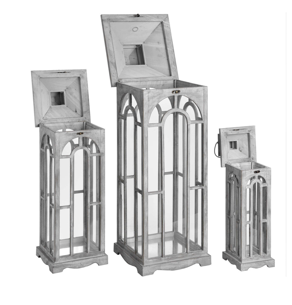 Set of 3 wooden lanterns with archway design