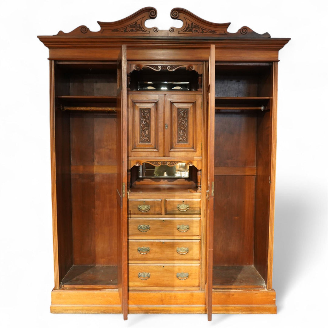 Edwardian walnut triple combination wardrobe