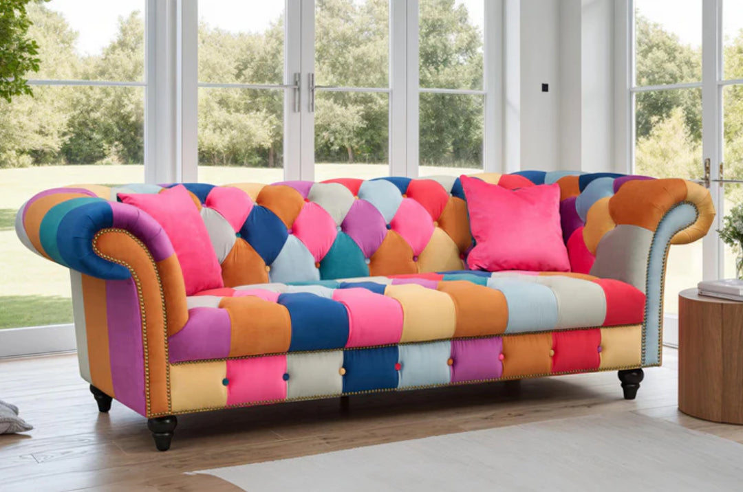 Harlequin design Velvet Patchwork 3 Seater Scroll Arm Chesterfield