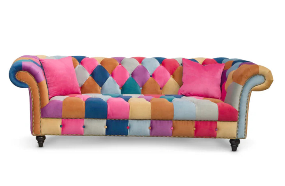 Harlequin design Velvet Patchwork 3 Seater Scroll Arm Chesterfield