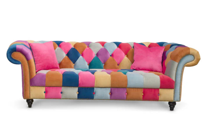 Harlequin design Velvet Patchwork 3 Seater Scroll Arm Chesterfield