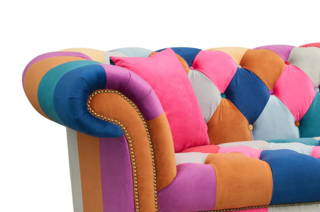 Harlequin design Velvet Patchwork 3 Seater Scroll Arm Chesterfield