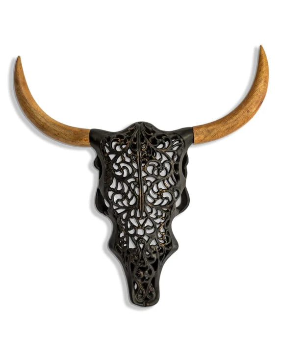 Distressed Black & Wood Tribal Bison Wall Head