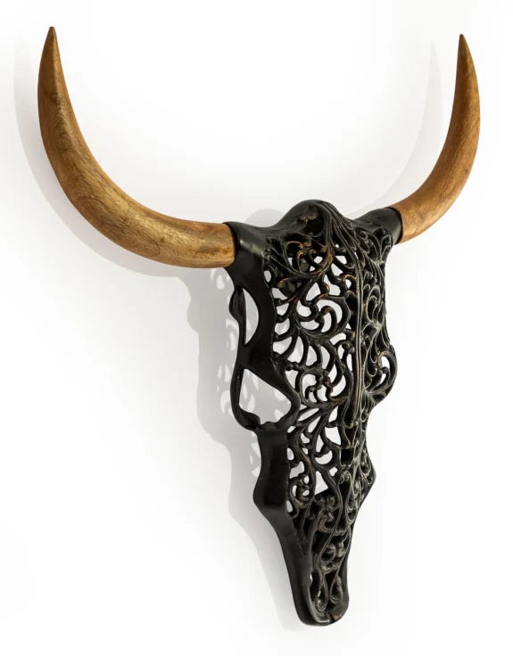 Distressed Black & Wood Tribal Bison Wall Head