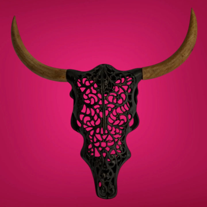Distressed Black & Wood Tribal Bison Wall Head