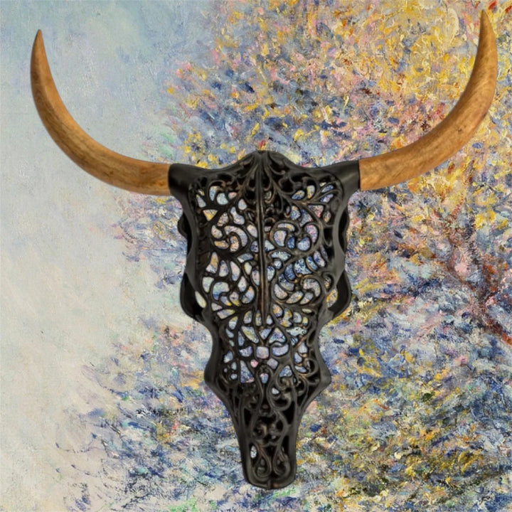 Distressed Black & Wood Tribal Bison Wall Head