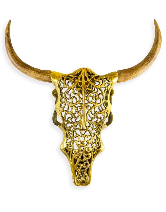 Gold Bison Skull Wall Mount - Antique Aluminium and Wood Tribal Decor