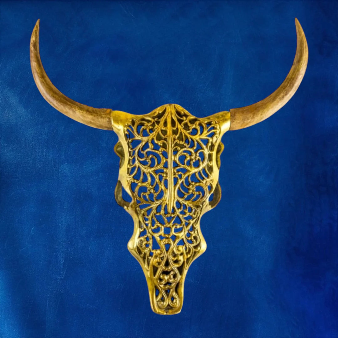 Gold Bison Skull Wall Mount - Antique Aluminium and Wood Tribal Decor
