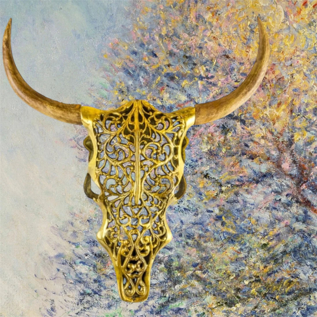 Gold Bison Skull Wall Mount - Antique Aluminium and Wood Tribal Decor