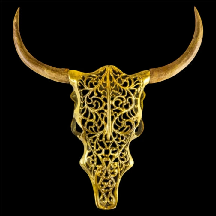 Gold Bison Skull Wall Mount - Antique Aluminium and Wood Tribal Decor
