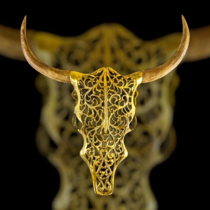 Gold Bison Skull Wall Mount - Antique Aluminium and Wood Tribal Decor