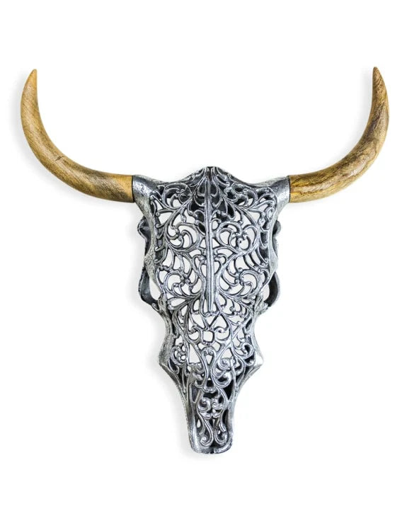 Silver Bison Skull Wall Mount - Antique Aluminium and Wood Tribal Decor