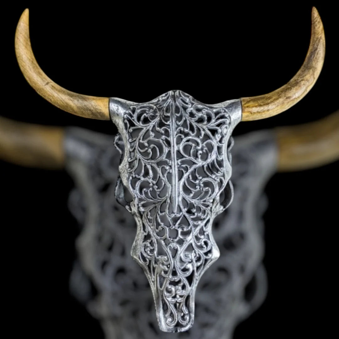 Silver Bison Skull Wall Mount - Antique Aluminium and Wood Tribal Decor