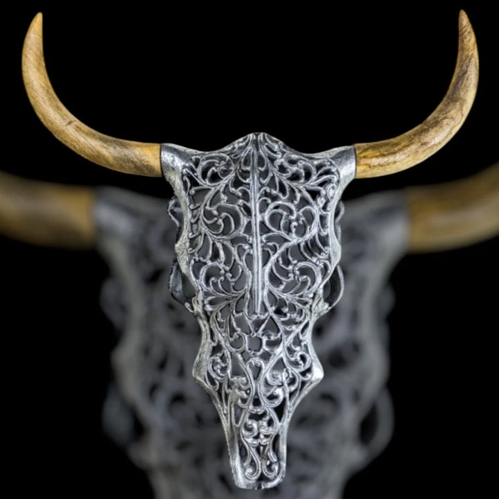Silver Bison Skull Wall Mount - Antique Aluminium and Wood Tribal Decor
