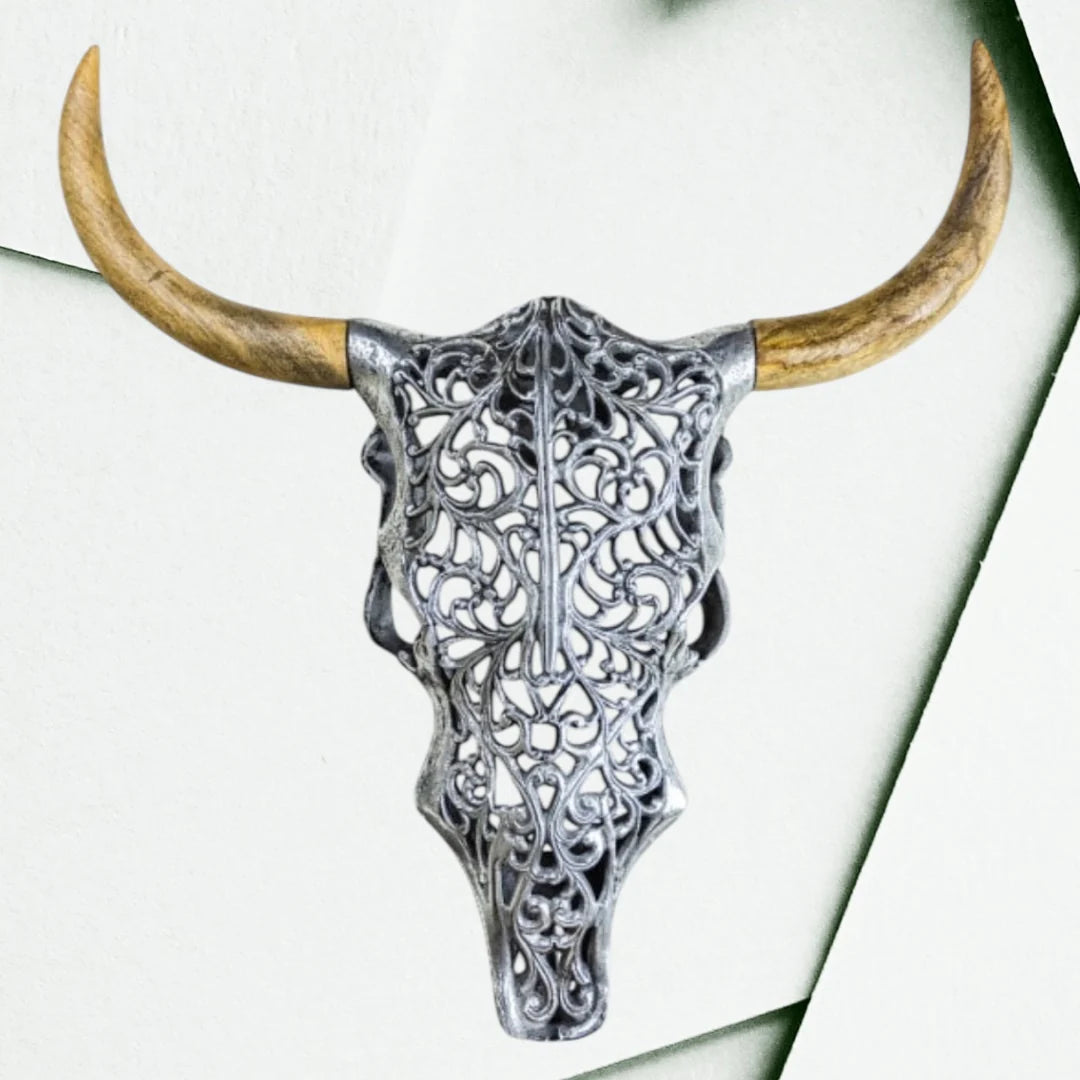Silver Bison Skull Wall Mount - Antique Aluminium and Wood Tribal Decor