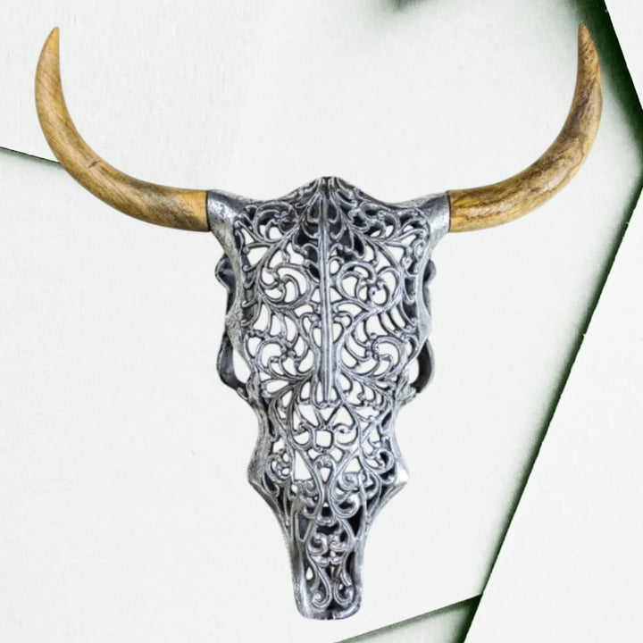 Silver Bison Skull Wall Mount - Antique Aluminium and Wood Tribal Decor
