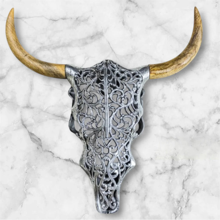 Silver Bison Skull Wall Mount - Antique Aluminium and Wood Tribal Decor