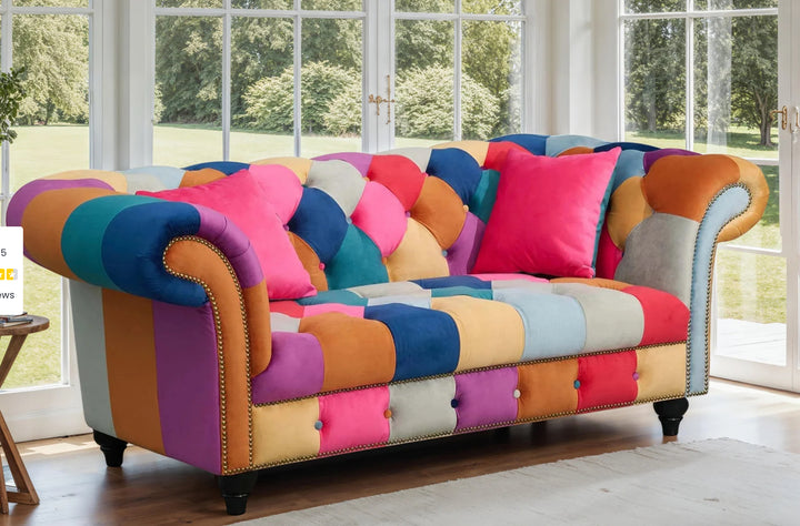 Multicoloured Velvet Patchwork 2 Seater Scroll Arm Chesterfield Sofa