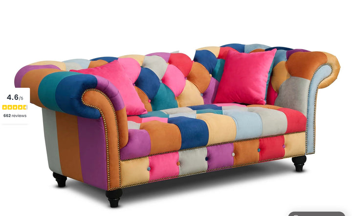 Multicoloured Velvet Patchwork 2 Seater Scroll Arm Chesterfield Sofa