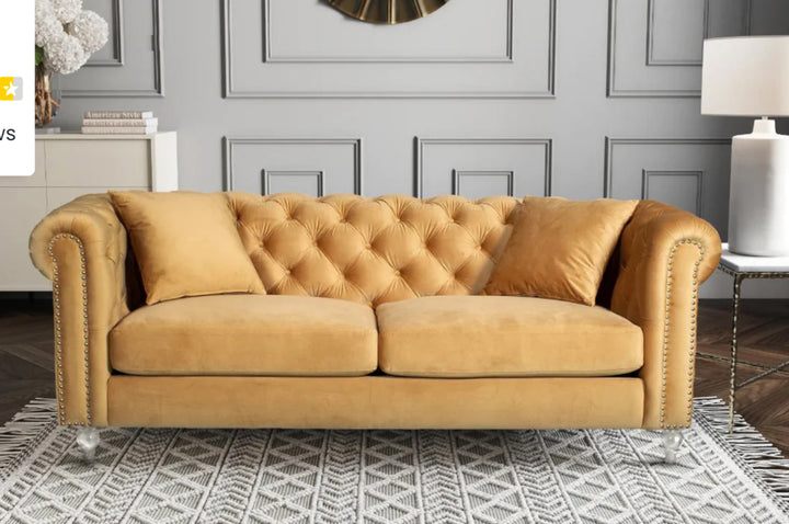 Velvet 3 Seater Chesterfield Sofa With Acrylic Feet