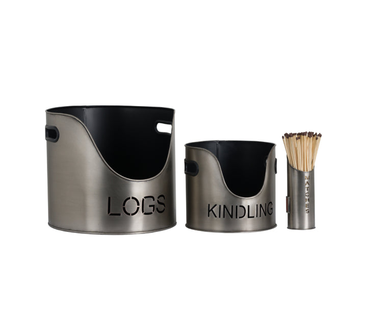 Pewter Finish Logs And Kindling Buckets & Matchstick Holder