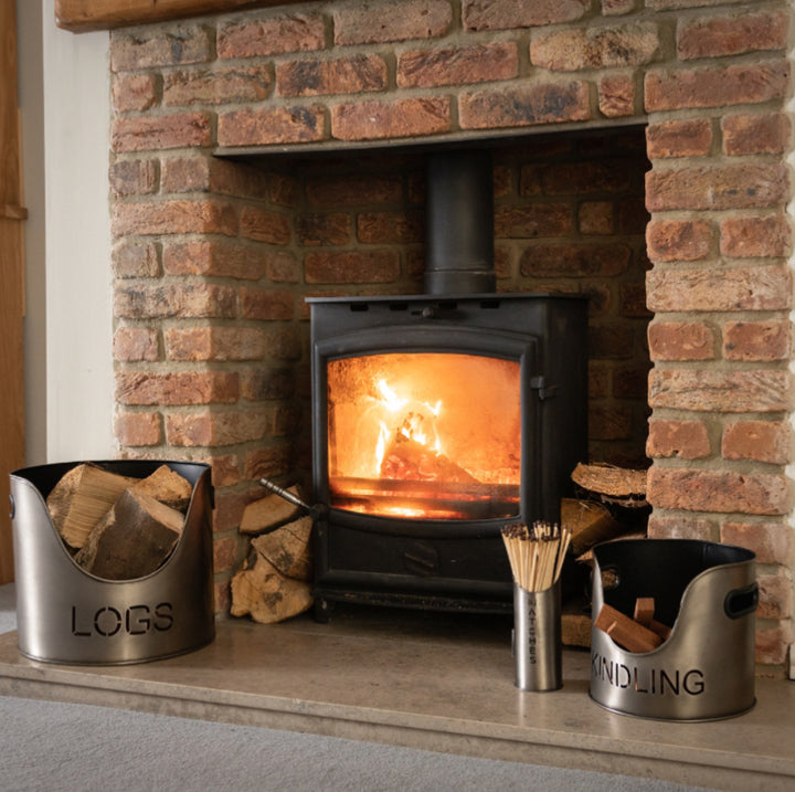 Pewter Finish Logs And Kindling Buckets & Matchstick Holder