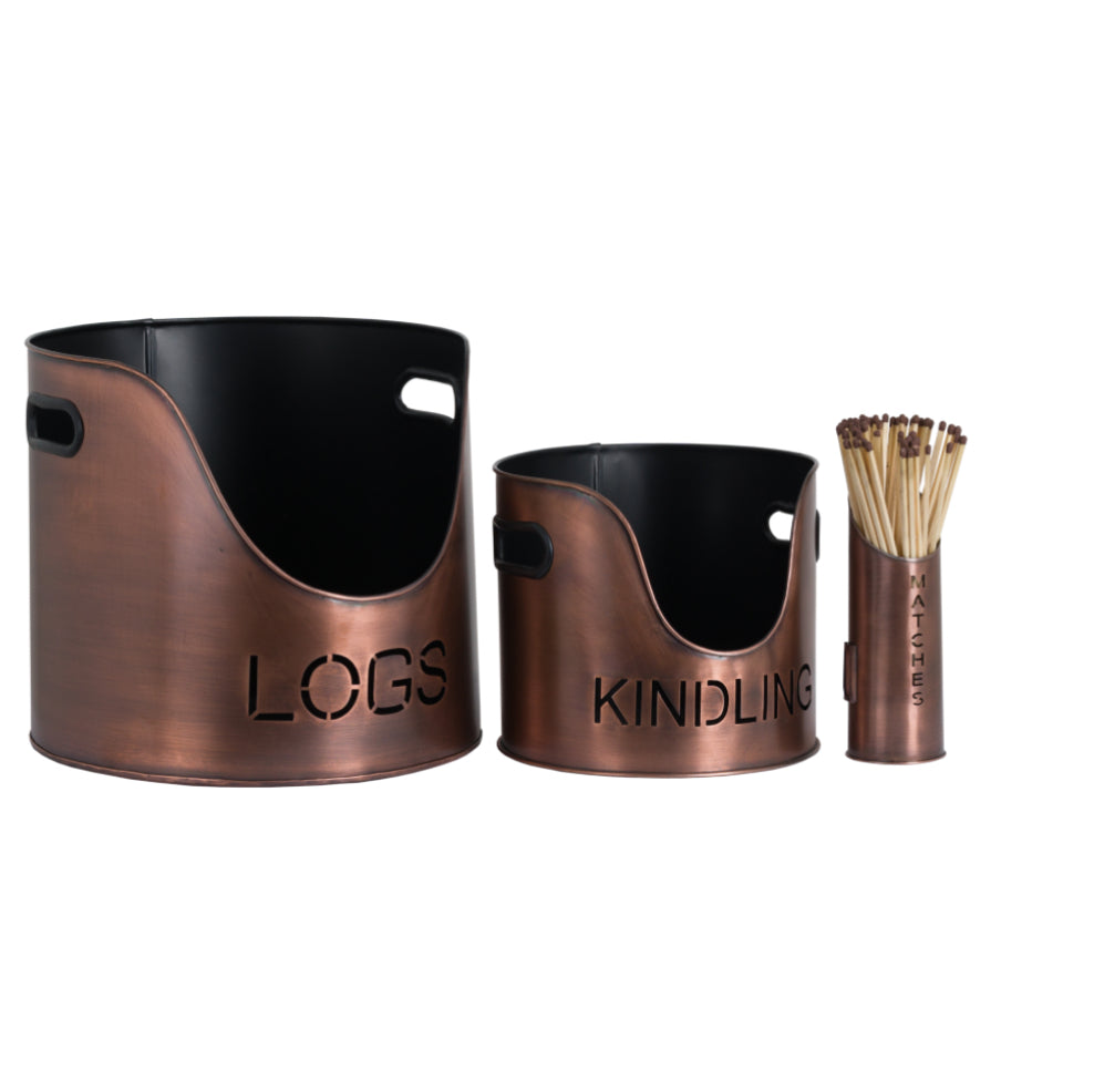 Copper Finish Logs And Kindling Buckets & Matchstick Holder