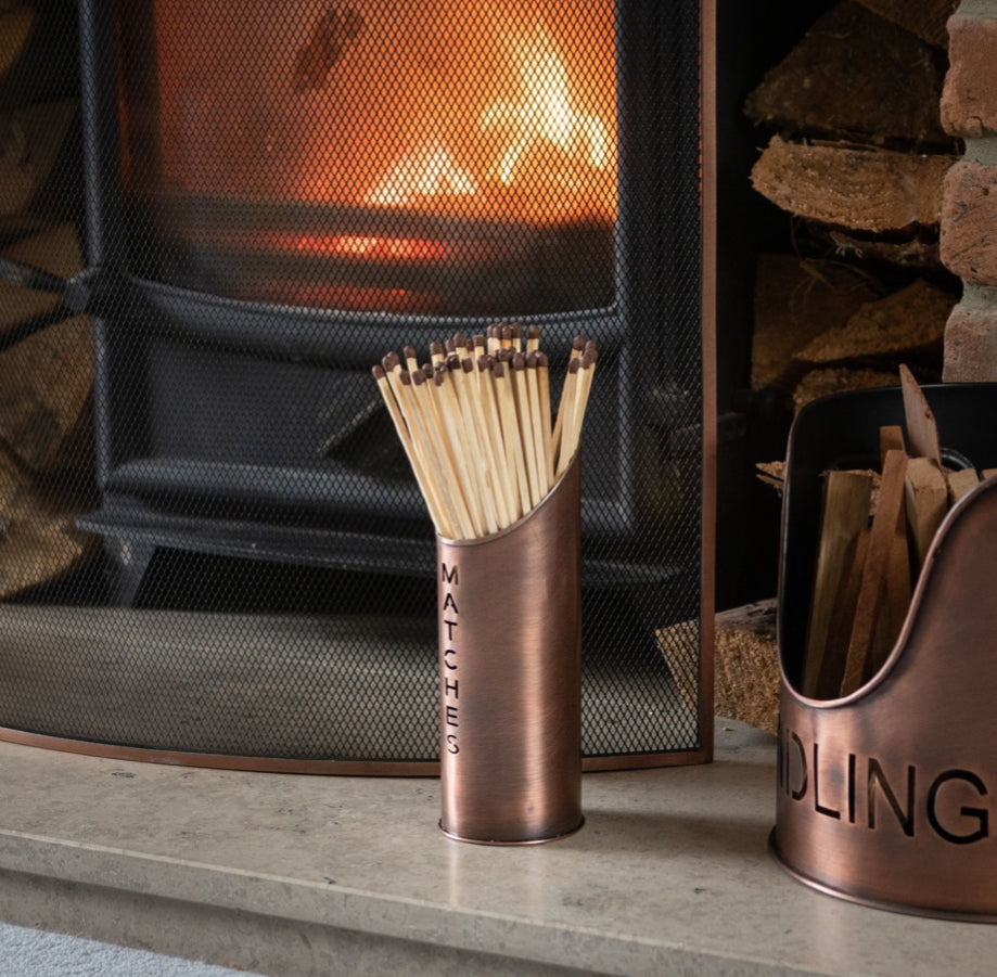 Copper Finish Logs And Kindling Buckets & Matchstick Holder