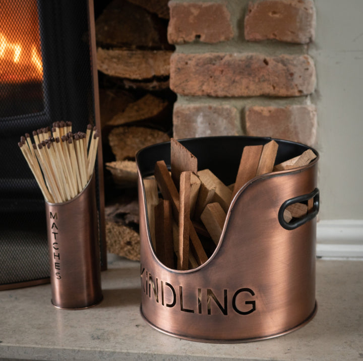 Copper Finish Logs And Kindling Buckets & Matchstick Holder
