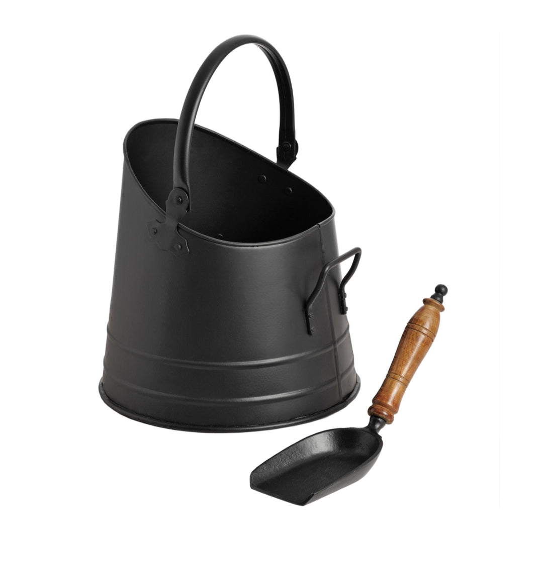 Black Coal Bucket with Teak Handle Shovel
