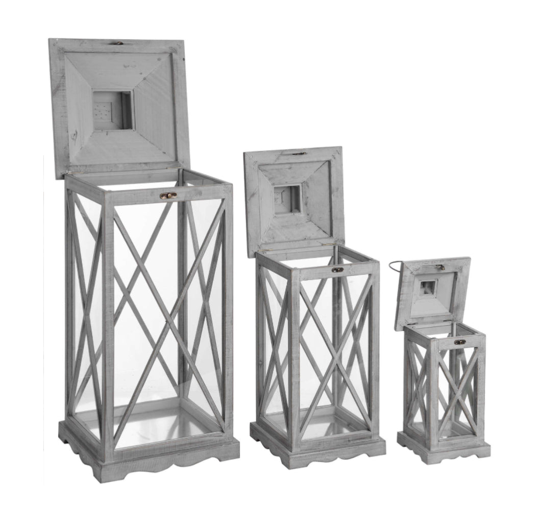 Set Of Three Wooden Lanterns With Traditional Cross Section