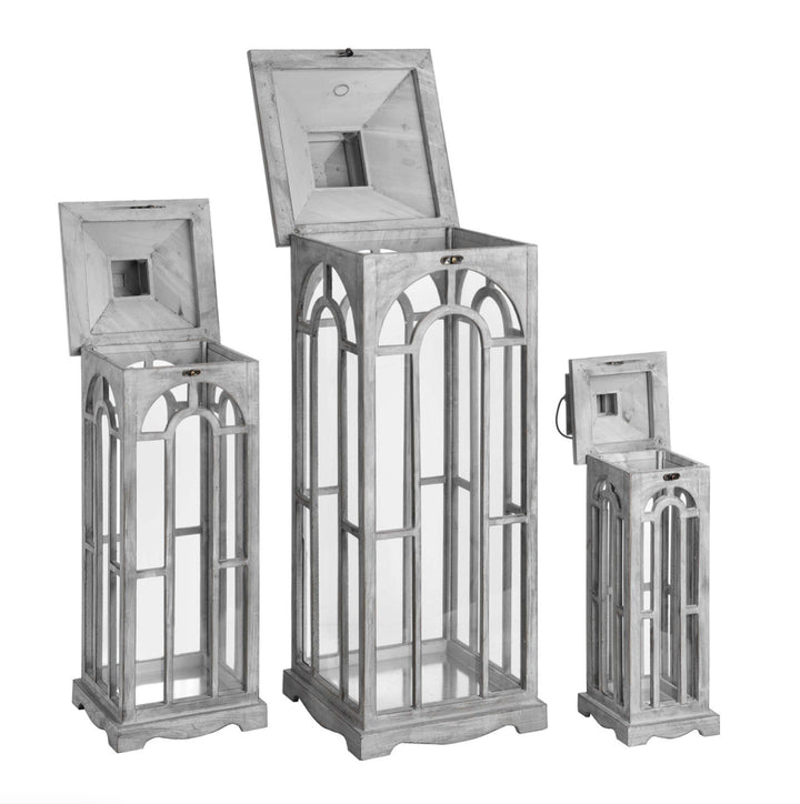 Set Of Three Wooden Lanterns With Archway Design