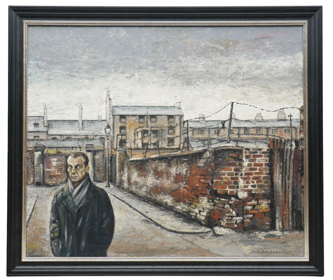 Stuart Walton (Northern British 1933-): 'Man in Street', oil on board signed and dated '61, 56cm x 67cm