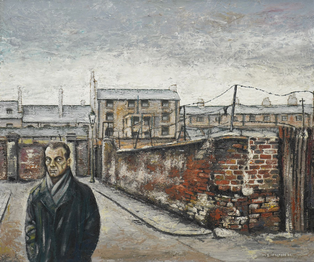 Stuart Walton (Northern British 1933-): 'Man in Street', oil on board signed and dated '61, 56cm x 67cm